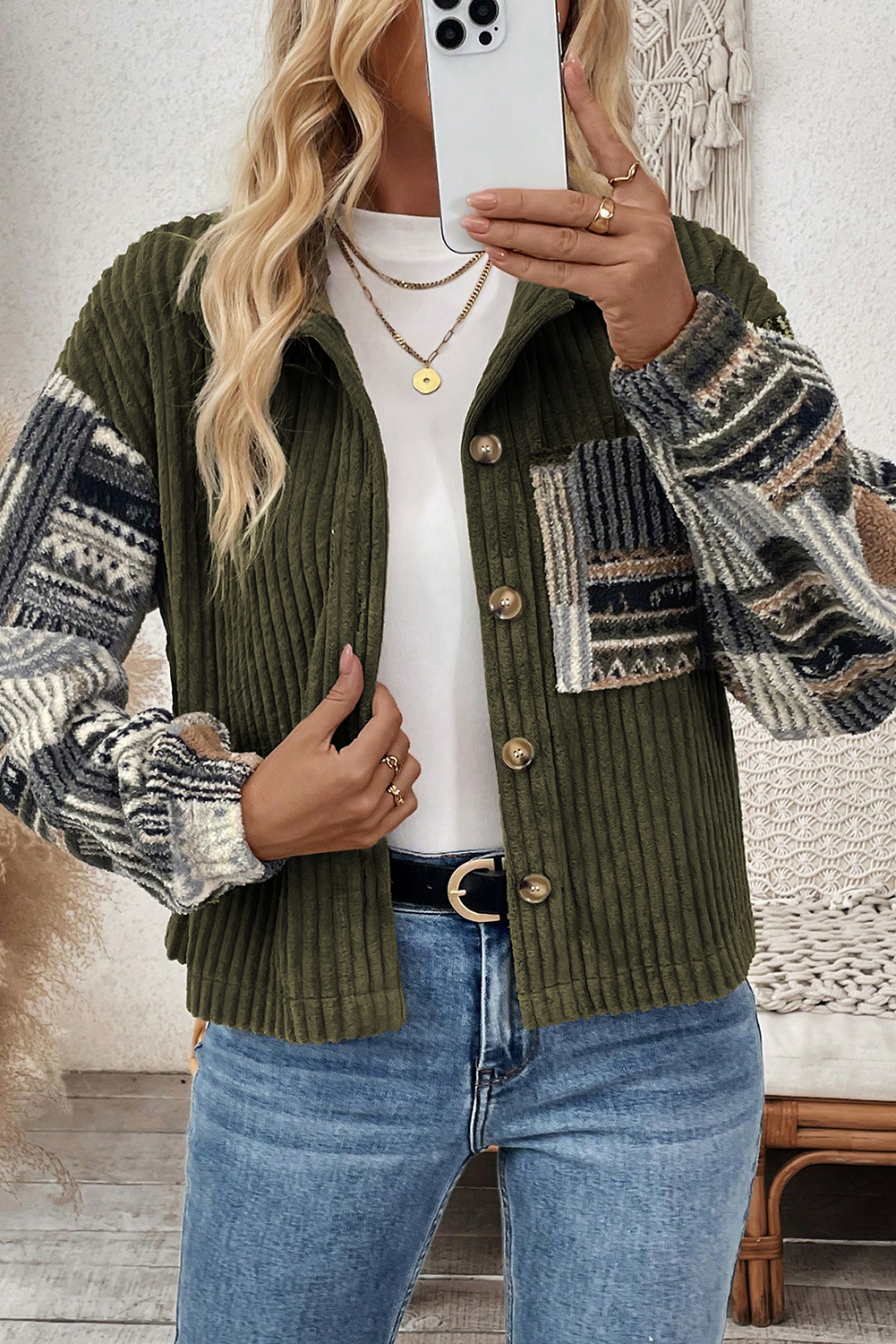 Women's Jungle Green Plaid Patchwork Button-Up Jacket – Ribbed Fleece Corduroy for Daily Casual Wear - Detail View 7 Women's Jungle Green Plaid Patchwork Button-Up Jacket – Ribbed Fleece Corduroy for Daily Casual Wear - Detail View 7
