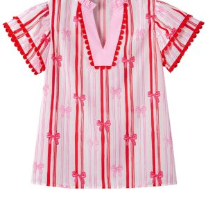 Women's Pink Ric-Rac Trim Ruffled Sleeve V Neck Bow Striped Printed Blouse - Main View