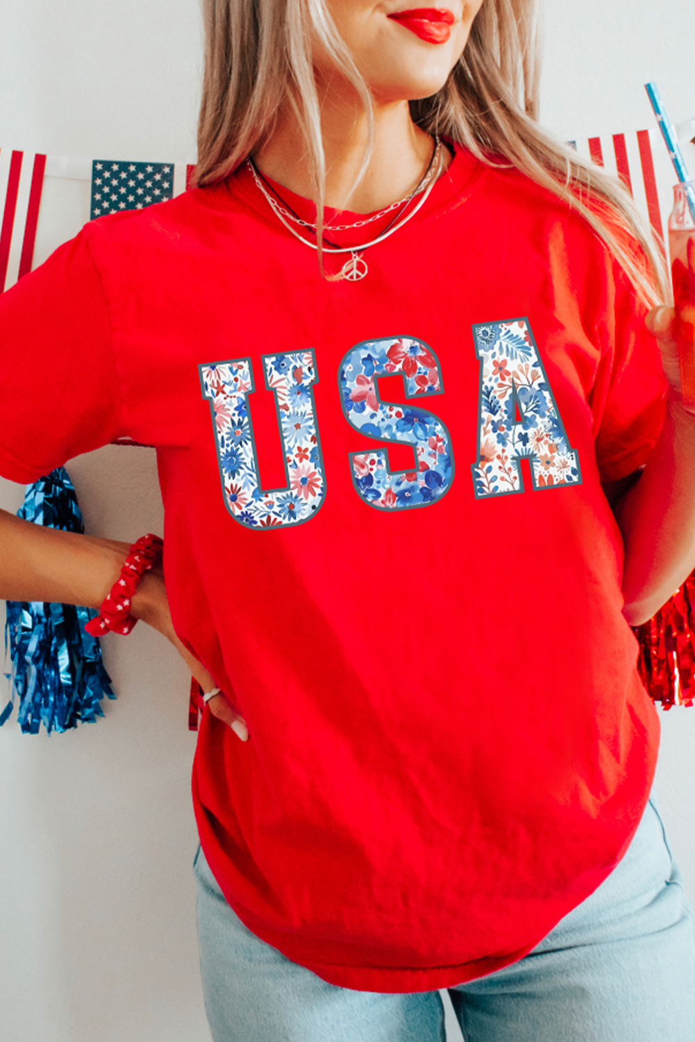 Trendy Red Crew Neck T-Shirt with Floral USA Graphic Design for Women - Detail View 2 Trendy Red Crew Neck T-Shirt with Floral USA Graphic Design for Women - Detail View 2