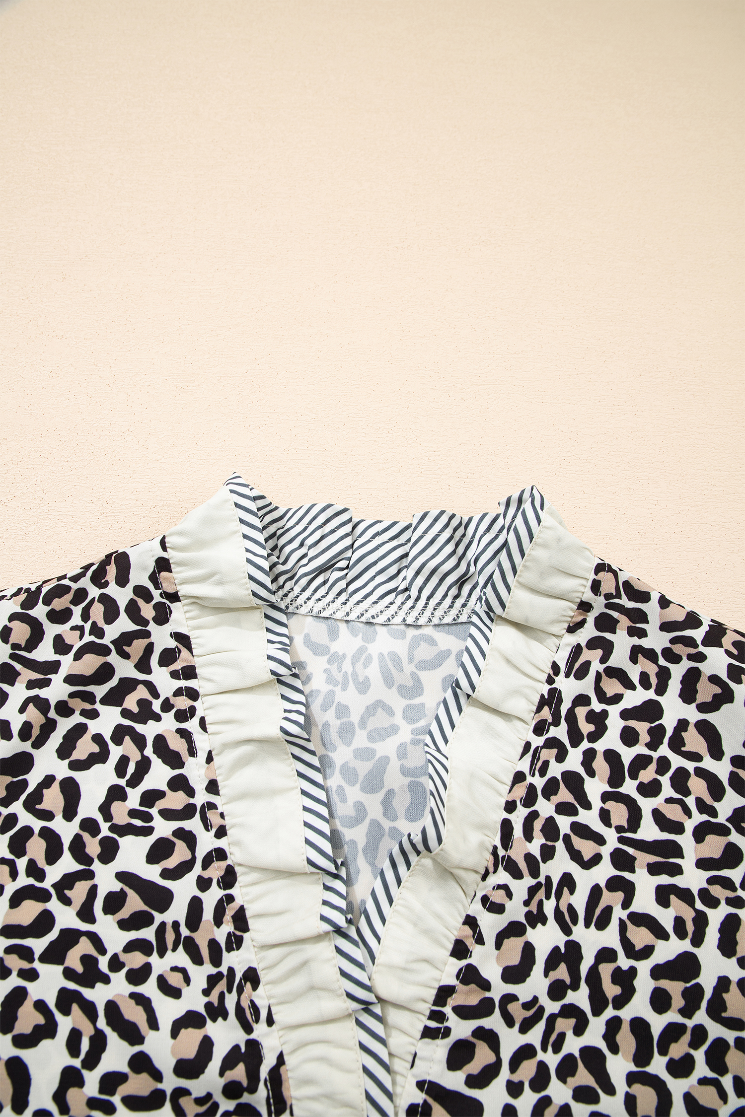 Modern Black Leopard Print Striped Blouse – Versatile V Neck Ruffled Top for Women in Summer - Detail View 6 Modern Black Leopard Print Striped Blouse – Versatile V Neck Ruffled Top for Women in Summer - Detail View 6