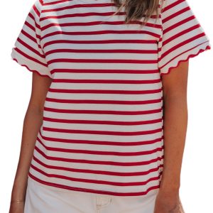 Casual Women's Red Stripe Scalloped Trim T-Shirt – Perfect for Daily Summer Wear - Main View