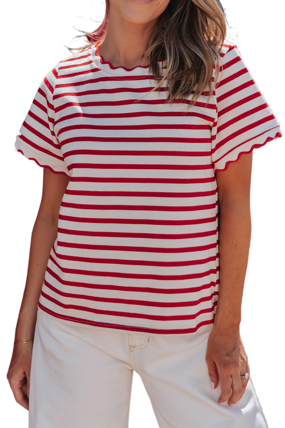 Casual Women's Red Stripe Scalloped Trim T-Shirt – Perfect for Daily Summer Wear - Main View Casual Women's Red Stripe Scalloped Trim T-Shirt – Perfect for Daily Summer Wear - Main View