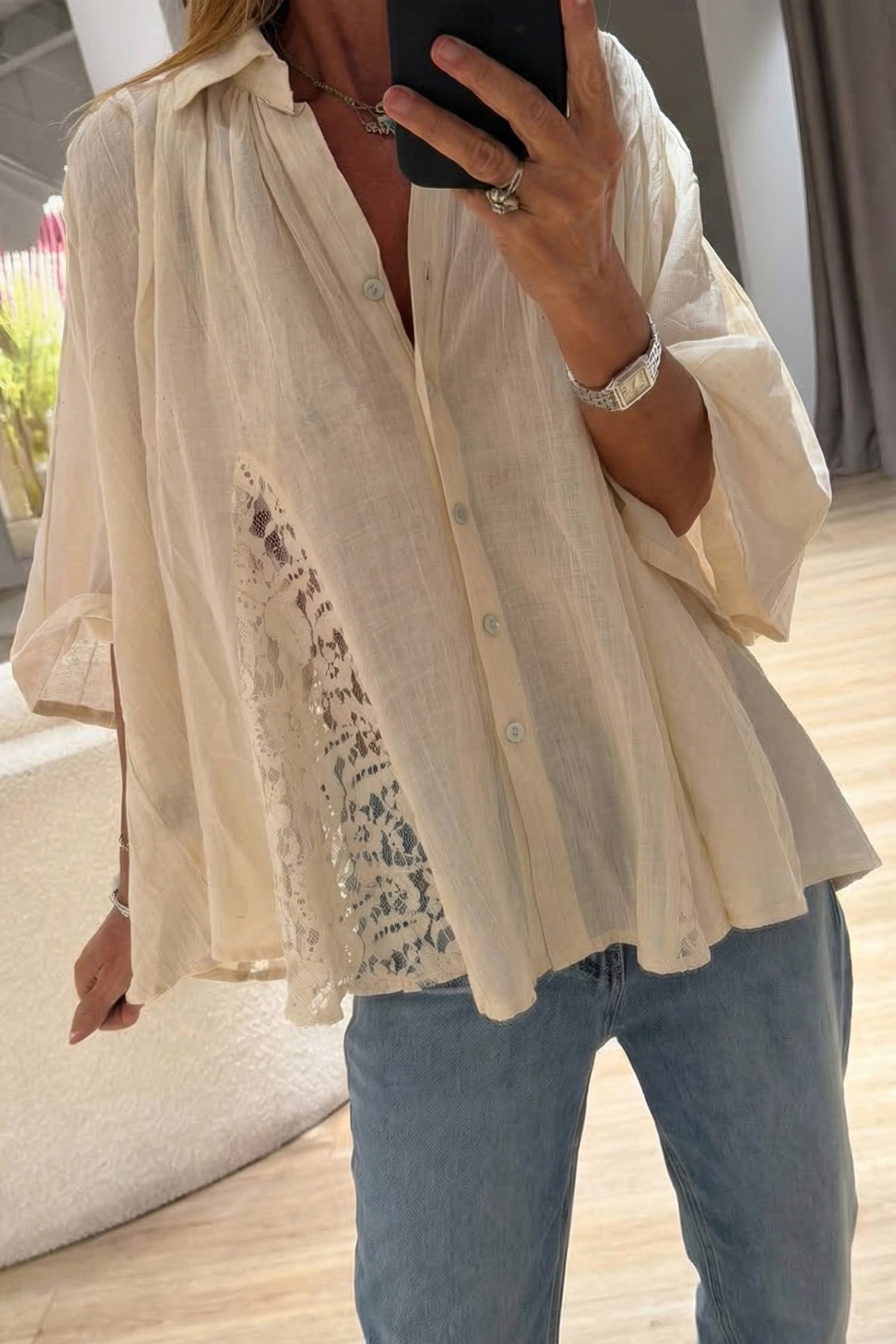 Women's Bohemian Lace Shirt, Oatmeal Loose Bracelet Sleeve - Detail View 7 Women's Bohemian Lace Shirt, Oatmeal Loose Bracelet Sleeve - Detail View 7