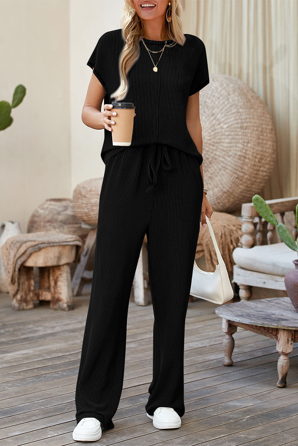 Versatile Women's Casual Outfit - Black Solid Color Top and Pants Set for Everyday Wear - Detail View 7 Versatile Women's Casual Outfit - Black Solid Color Top and Pants Set for Everyday Wear - Detail View 7