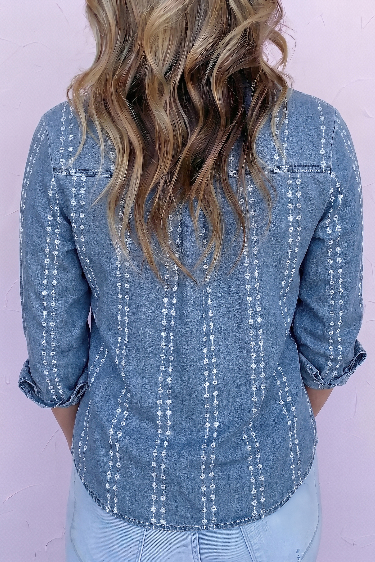 Womens Striped Floral Denim Shirt, Autumn Button Down Top - Detail View 5 Womens Striped Floral Denim Shirt, Autumn Button Down Top - Detail View 5