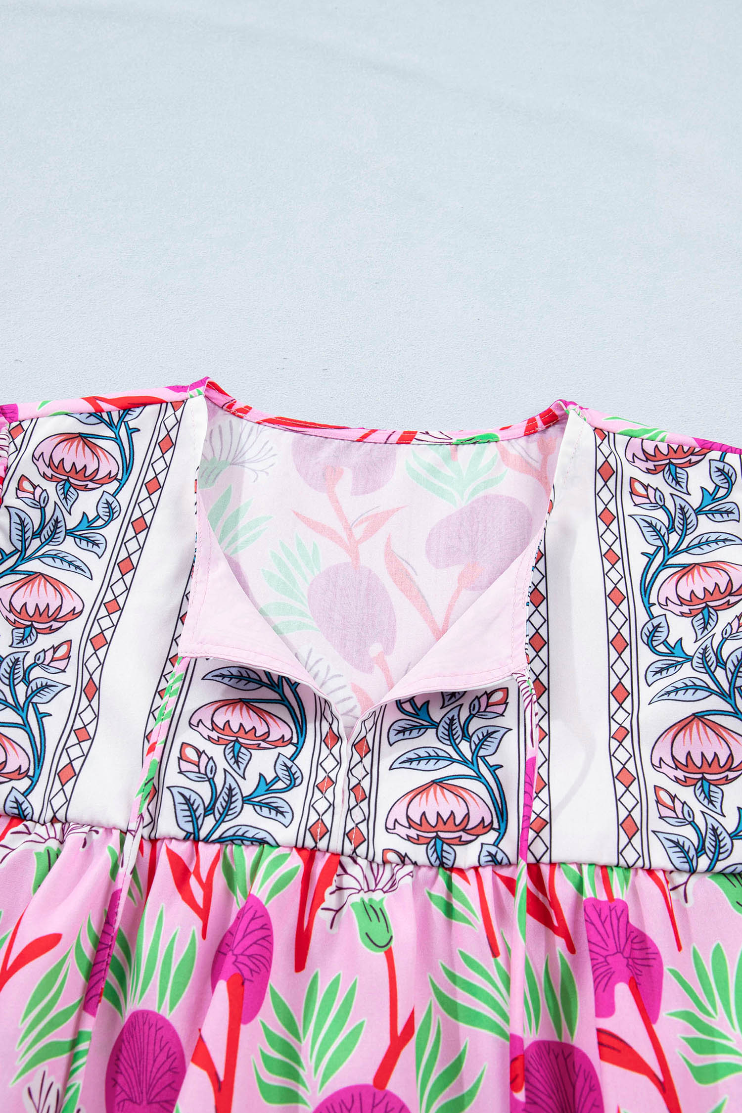 Women's Pink Floral Print Shift Blouse – Contrast Patchwork Tassel Tie Top for Summer Daily Wear - Detail View 12 Women's Pink Floral Print Shift Blouse – Contrast Patchwork Tassel Tie Top for Summer Daily Wear - Detail View 12
