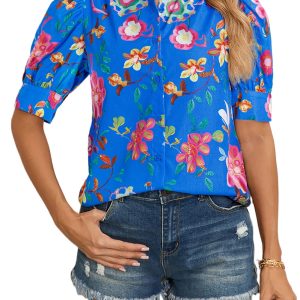 Women's Blue Floral Short Puff Sleeve Button Up Shirt - Summer Elegance - Main View