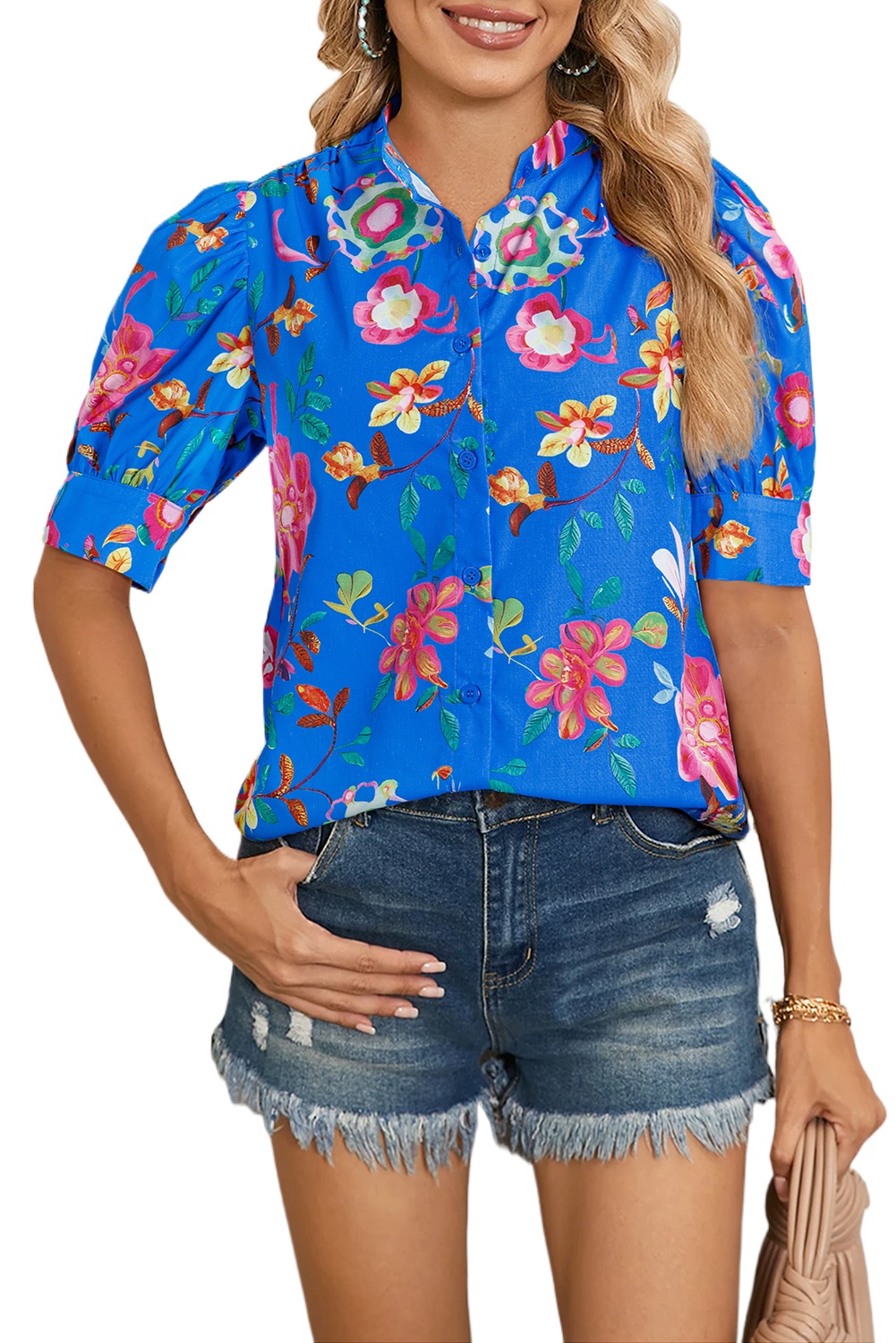 Women's Blue Floral Short Puff Sleeve Button Up Shirt - Summer Elegance - Main View Women's Blue Floral Short Puff Sleeve Button Up Shirt - Summer Elegance - Main View