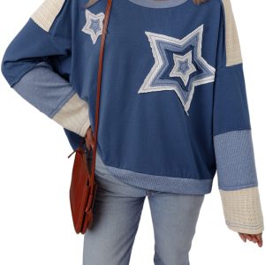 Women's Vintage Dark Blue Colorblock Oversized Long Sleeve Top with Star Patchwork - Main View