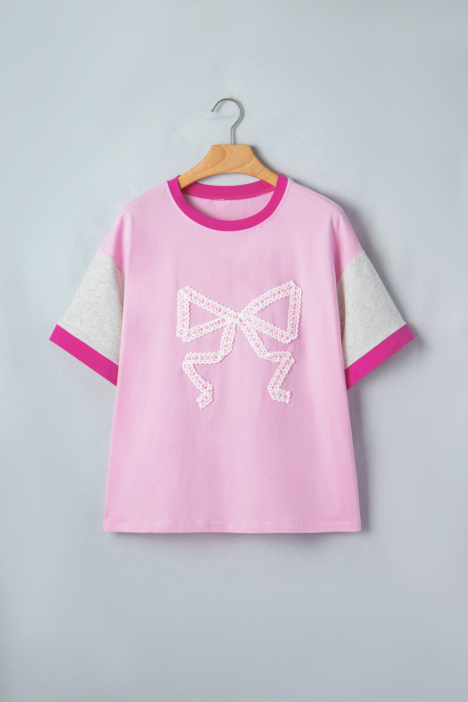 Chic Women's Gossamer Pink Color Block Top – Stylish Embroidered Bow Tee, Daily Wear or Gift Idea - Detail View 3 Chic Women's Gossamer Pink Color Block Top – Stylish Embroidered Bow Tee, Daily Wear or Gift Idea - Detail View 3