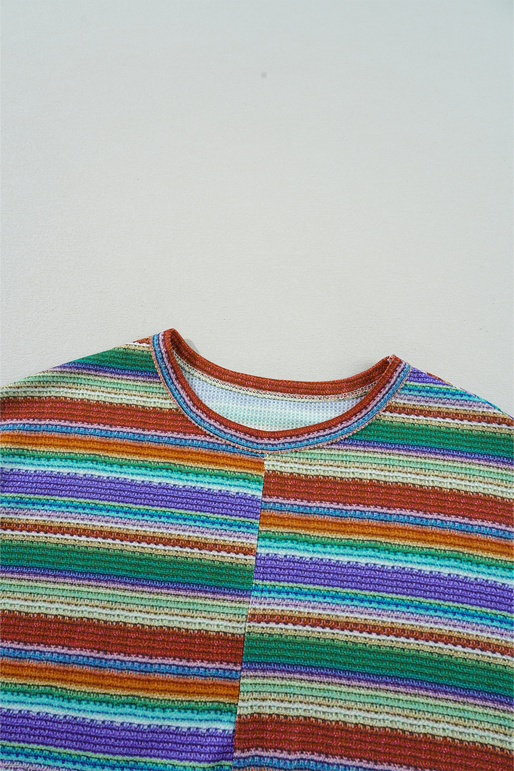 Casual Women's Short Sleeve Top - Colorful Stripes and Round Neck Design - Detail View 7 Casual Women's Short Sleeve Top - Colorful Stripes and Round Neck Design - Detail View 7