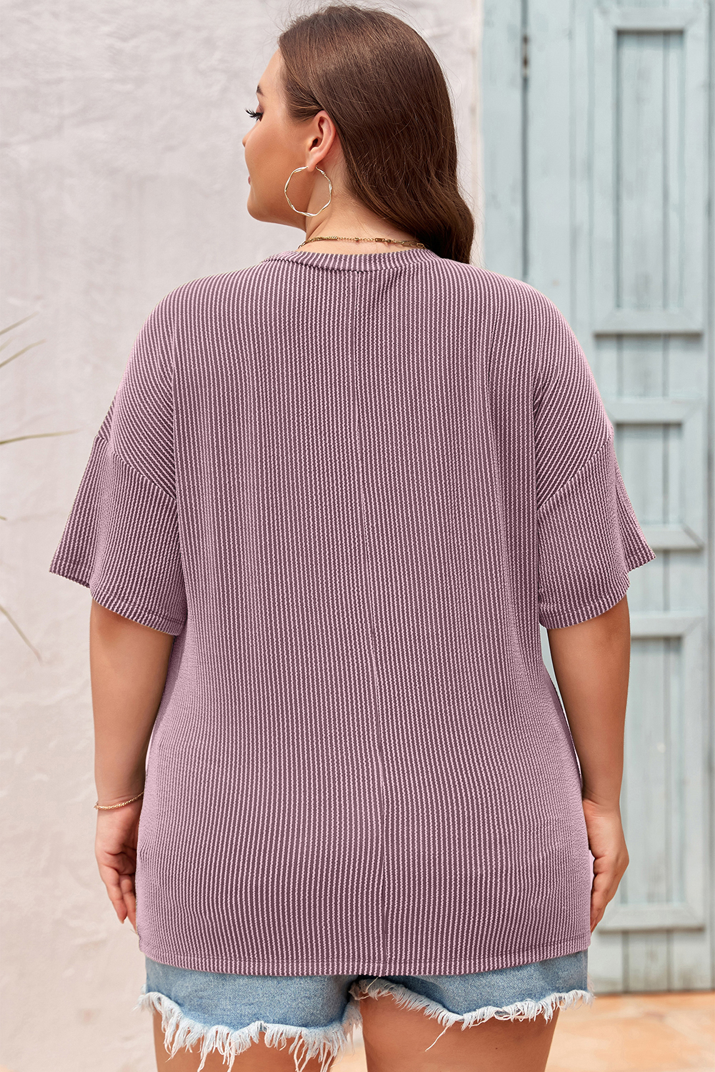 Valerian Textured V-Neck Plus T-Shirt for Women – Effortless Style for Daily Wear - Detail View 2 Valerian Textured V-Neck Plus T-Shirt for Women – Effortless Style for Daily Wear - Detail View 2