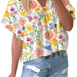 Women's Yellow Floral Boxy Fit Ruffled Short Sleeve V Neck Blouse - Main View