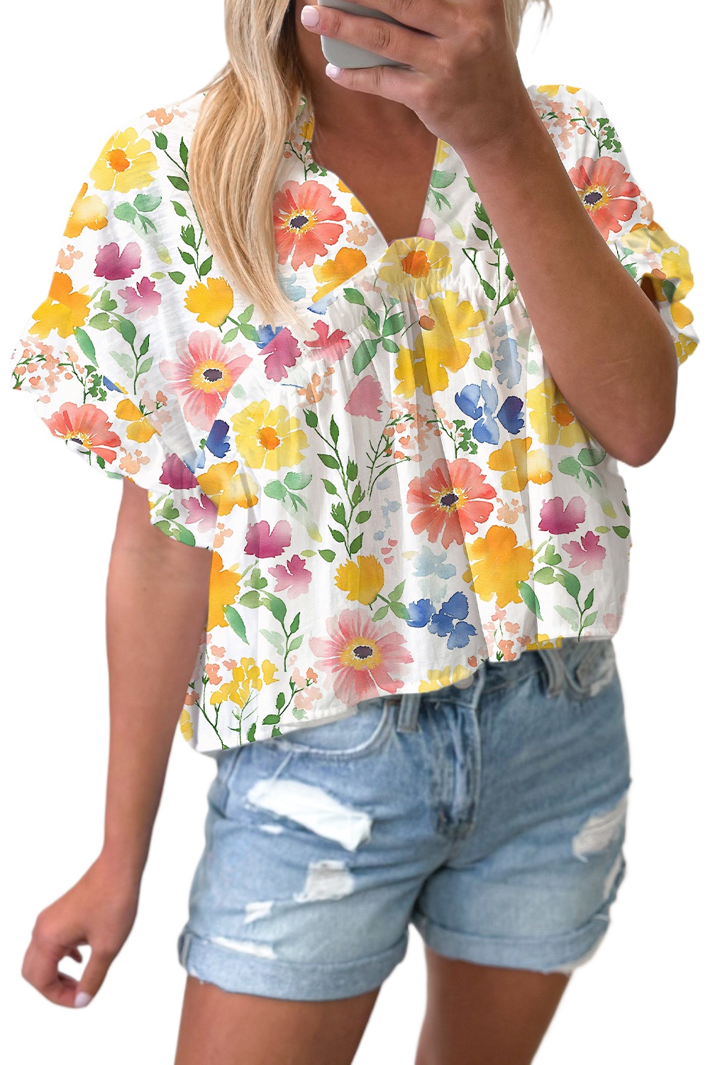 Women's Yellow Floral Boxy Fit Ruffled Short Sleeve V Neck Blouse - Main View Women's Yellow Floral Boxy Fit Ruffled Short Sleeve V Neck Blouse - Main View