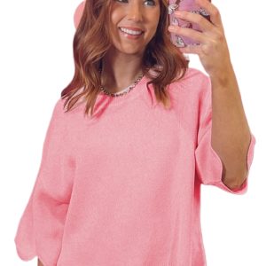 Women's Pink Scalloped Hem Sweater Top – Half Sleeve Round Neck Summer Knit for Casual Daily Wear - Main View