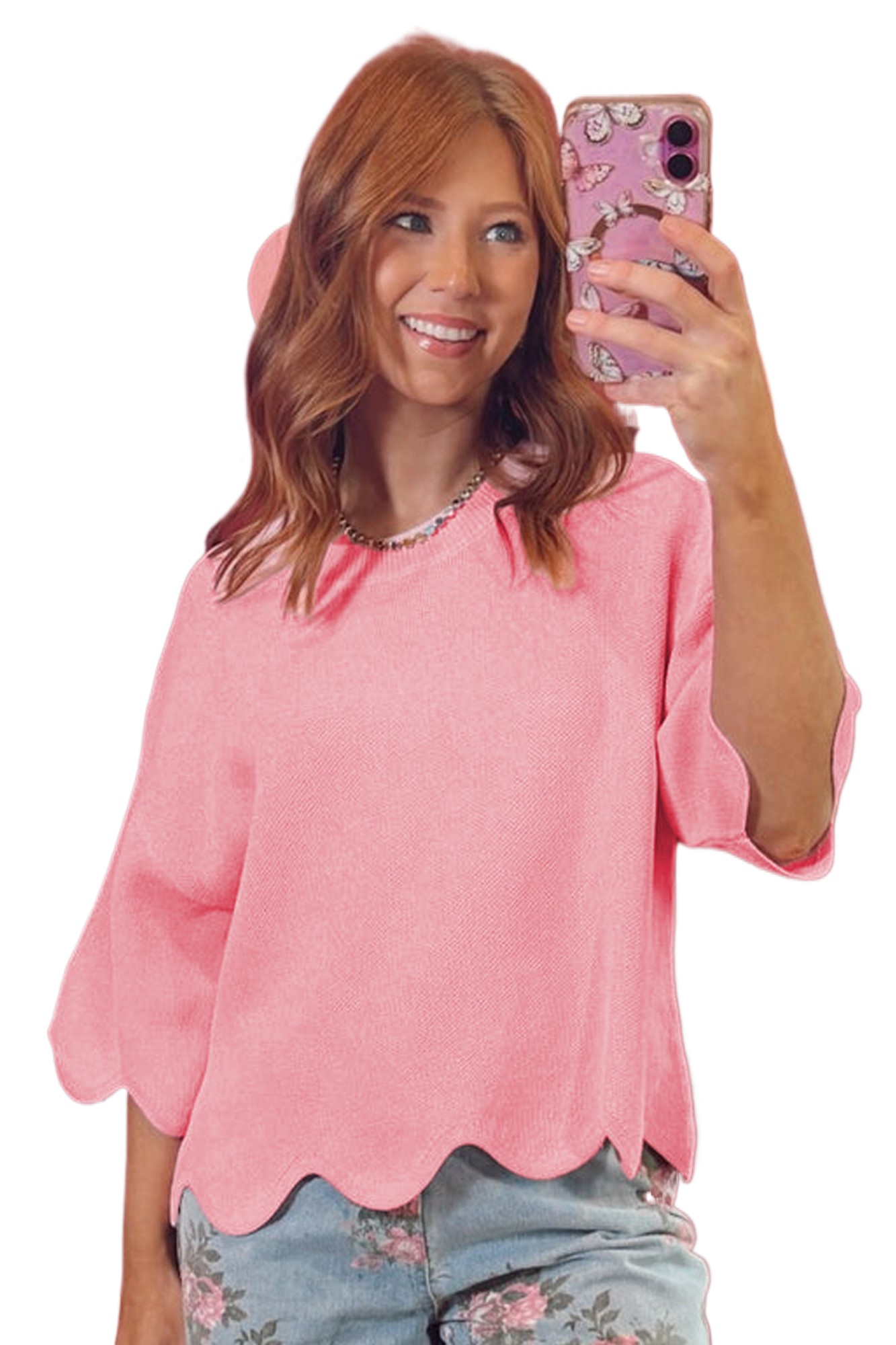 Women's Pink Scalloped Hem Sweater Top – Half Sleeve Round Neck Summer Knit for Casual Daily Wear - Main View Women's Pink Scalloped Hem Sweater Top – Half Sleeve Round Neck Summer Knit for Casual Daily Wear - Main View