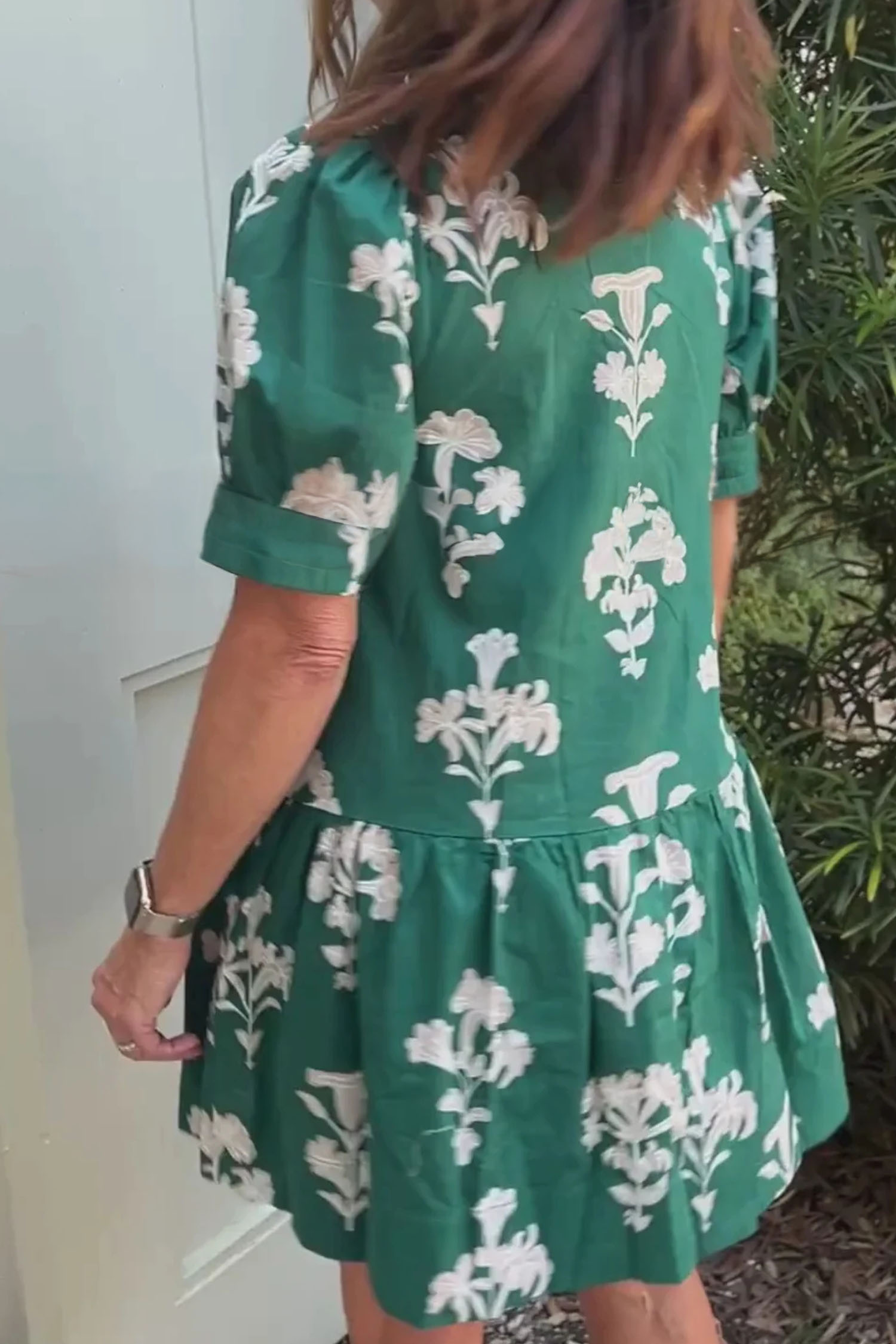 Comfortable Green Floral Women's Shift Mini Dress – V-Neck Puff Short Sleeve, Cotton Blend for Daily Summer Style - Detail View 5 Comfortable Green Floral Women's Shift Mini Dress – V-Neck Puff Short Sleeve, Cotton Blend for Daily Summer Style - Detail View 5
