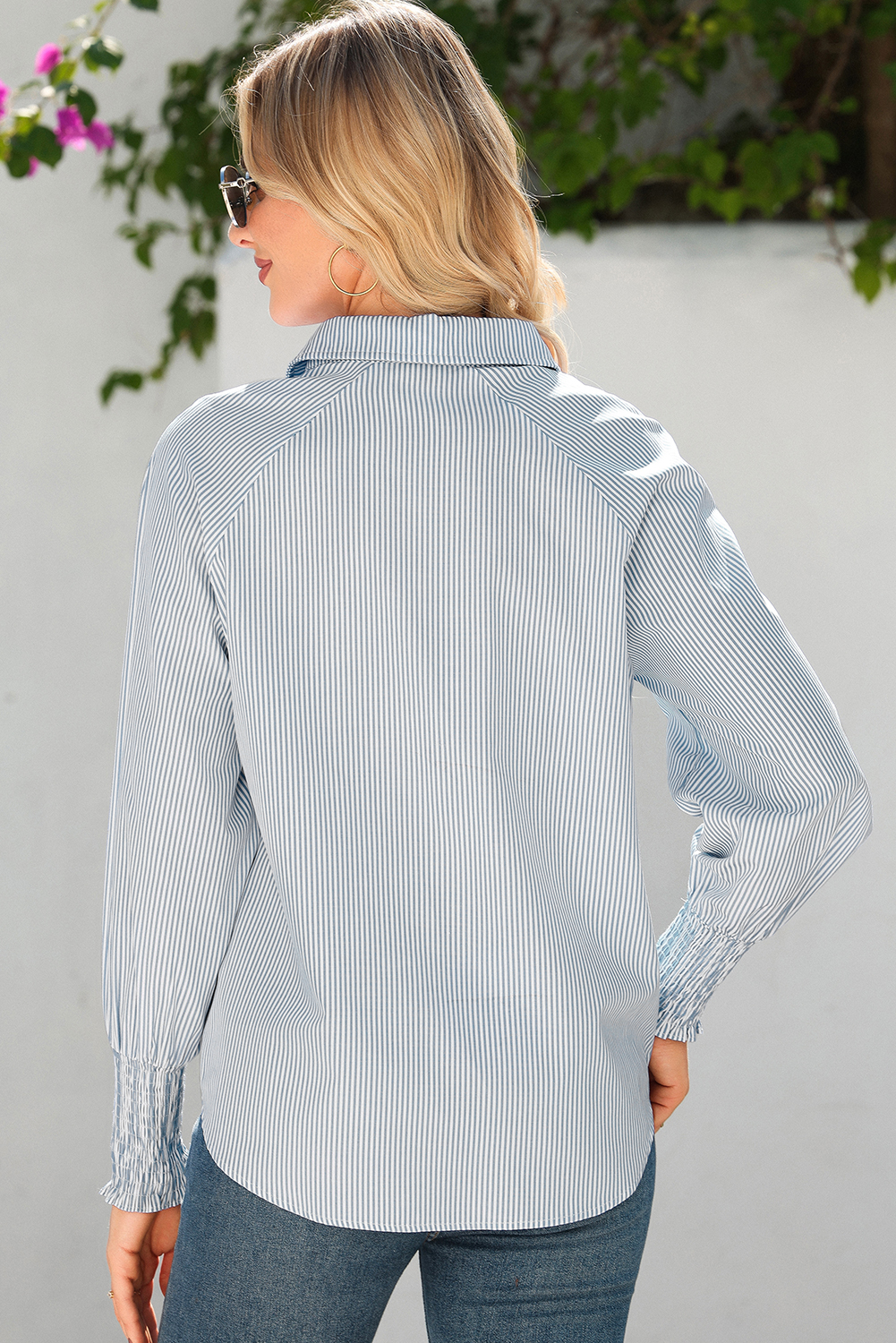 Women's Striped Collar Blouse – Casual Long Sleeve Top - Detail View 2 Women's Striped Collar Blouse – Casual Long Sleeve Top - Detail View 2