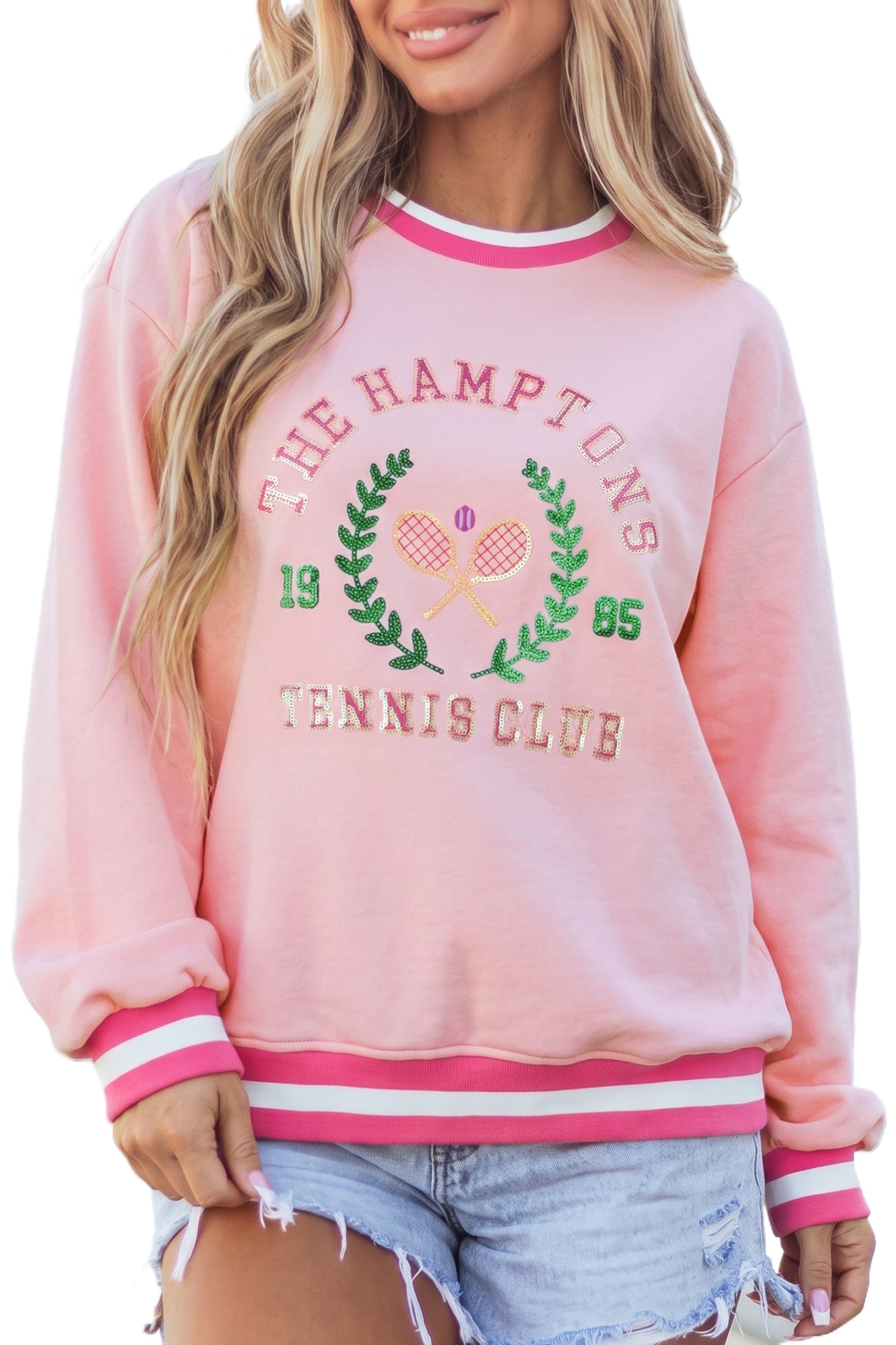 Women's Tennis Club Pullover, Pink Embroidered Sweatshirt - Main View Women's Tennis Club Pullover, Pink Embroidered Sweatshirt - Main View
