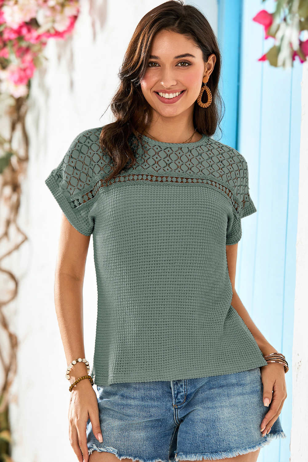 Casual Lace Waffle Knit Tee, Women's Round Neck Summer Top - Detail View 14 Casual Lace Waffle Knit Tee, Women's Round Neck Summer Top - Detail View 14
