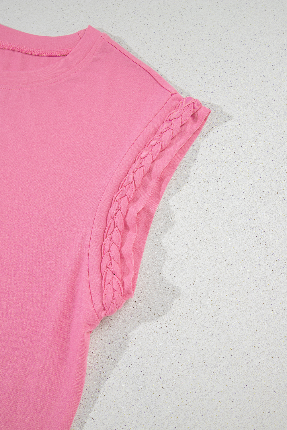 Women's T-Shirt, Bonbon Pink, Braided Cap Sleeve, Crew Neck, Casual Style, Summer Fashion, Daily Wear, Beachwear, Outdoor, Vacation, Solid Color, Comfortable, Modern Ladies, Tops, Tops & Tees - Detail View 8 Women's T-Shirt, Bonbon Pink, Braided Cap Sleeve, Crew Neck, Casual Style, Summer Fashion, Daily Wear, Beachwear, Outdoor, Vacation, Solid Color, Comfortable, Modern Ladies, Tops, Tops & Tees - Detail View 8