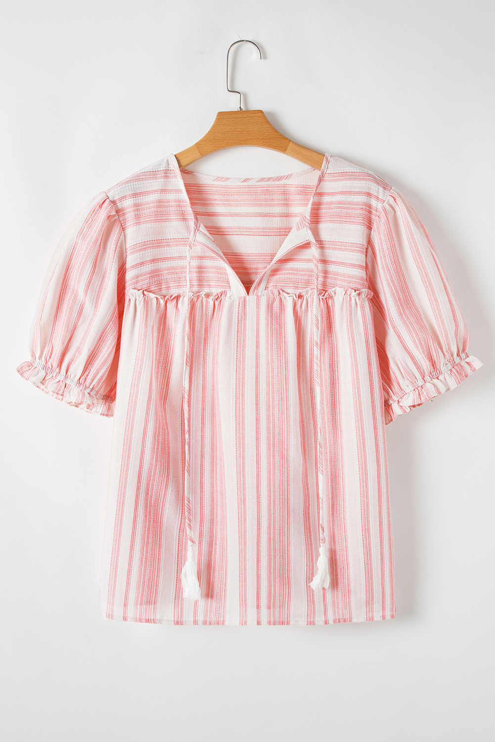 Flattering Plus Size Short Sleeve Blouse - Ruffled and Striped Design in Pink - Detail View 6 Flattering Plus Size Short Sleeve Blouse - Ruffled and Striped Design in Pink - Detail View 6