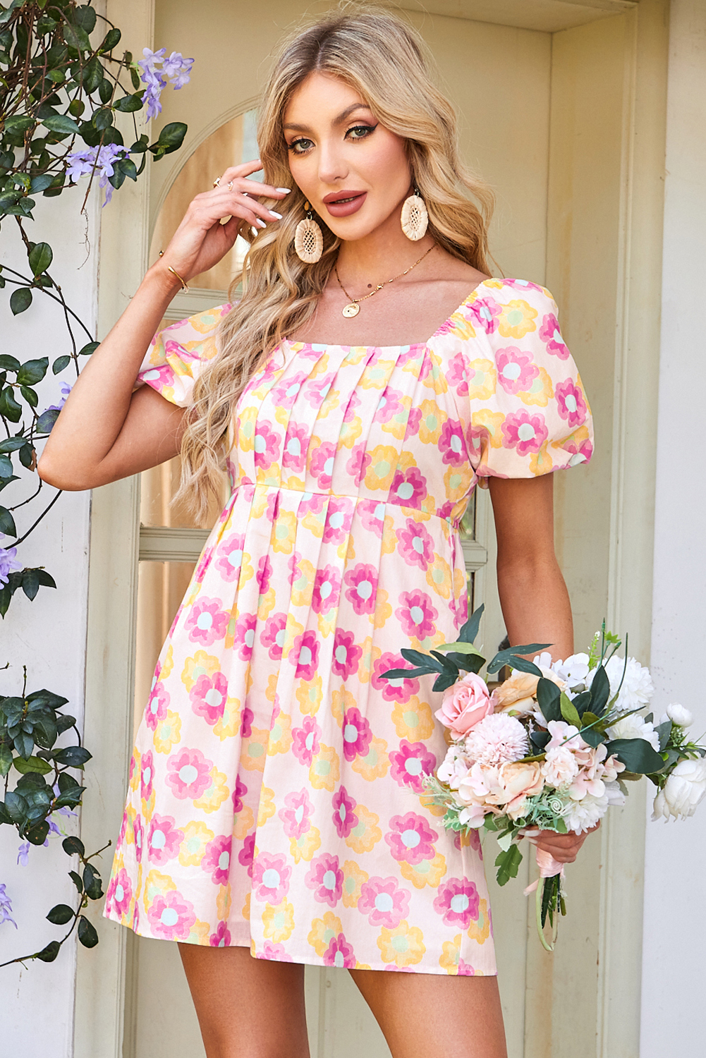 Women's Dress, Rose Floral, Square Neck, Puff Sleeve, Pleated Design, Flared Midi Dress, Summer Fashion, Elegant, High Waist, Outdoor Wear, Daily Wear, Vacation Outfit, Vintage Floral Print, Country Style - Detail View 8 Women's Dress, Rose Floral, Square Neck, Puff Sleeve, Pleated Design, Flared Midi Dress, Summer Fashion, Elegant, High Waist, Outdoor Wear, Daily Wear, Vacation Outfit, Vintage Floral Print, Country Style - Detail View 8