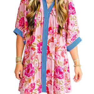 Women's Floral Striped Dress – Summer Shift Mini Dress - Main View