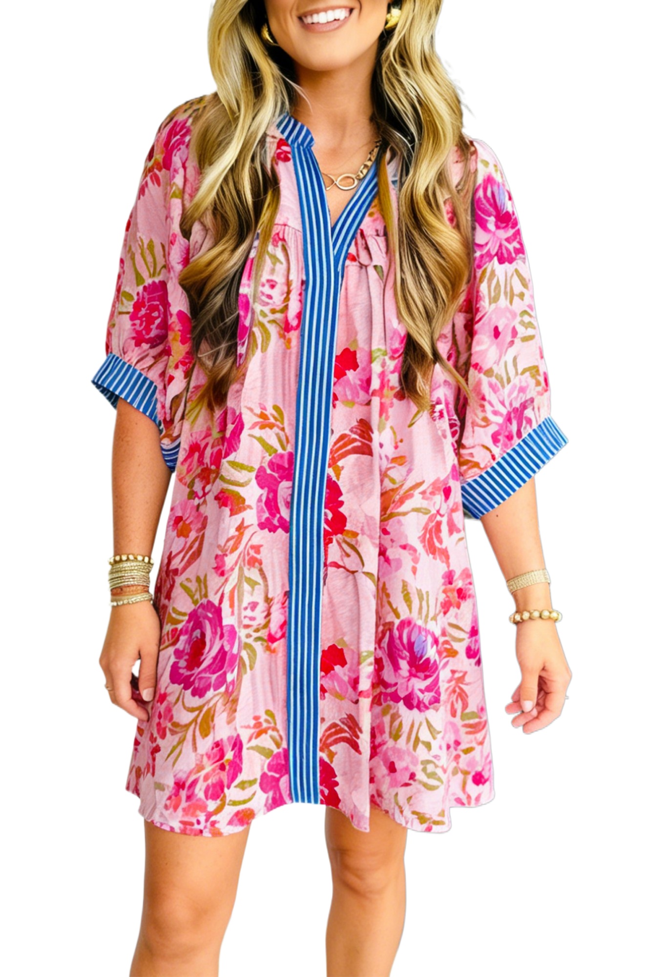 Women's Floral Striped Dress – Summer Shift Mini Dress - Main View Women's Floral Striped Dress – Summer Shift Mini Dress - Main View