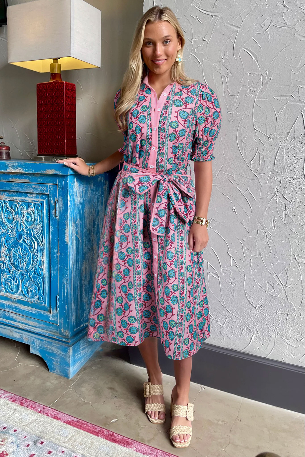 Relaxed Summer Midi Dress with Button Front and Belted Waist - Pink Floral - Detail View 2 Relaxed Summer Midi Dress with Button Front and Belted Waist - Pink Floral - Detail View 2