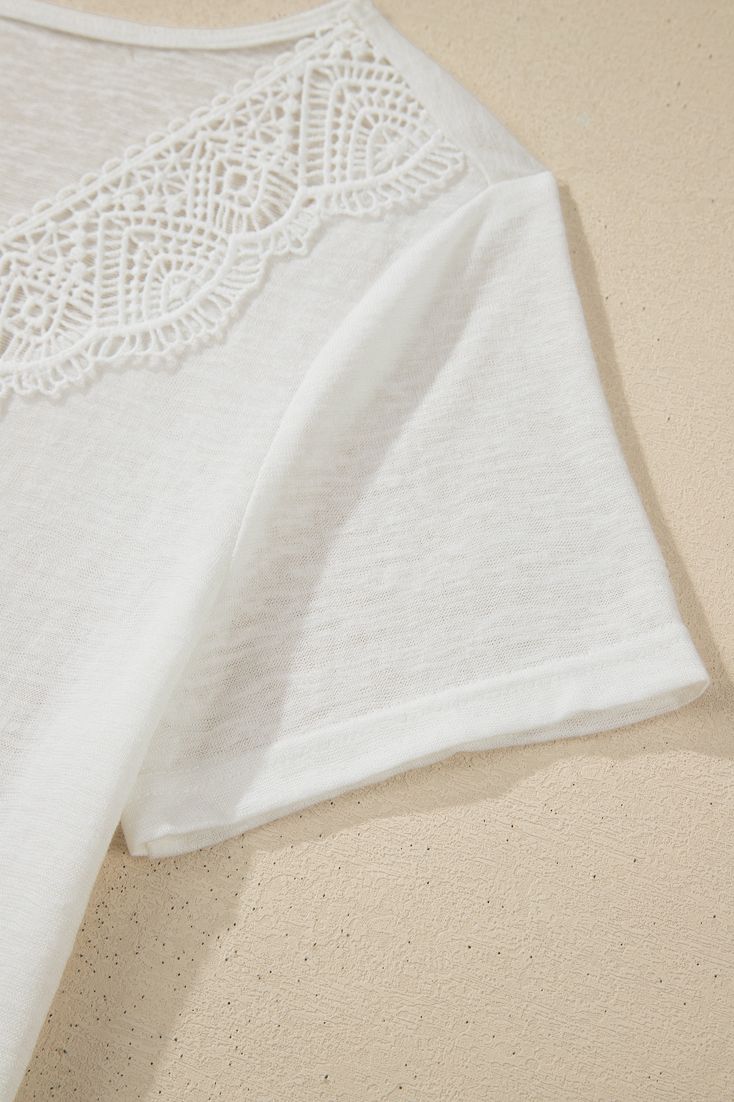 Women's White Lace V-Neck T-Shirt – Casual Short Sleeve Patchwork Top for Daily Wear - Detail View 7 Women's White Lace V-Neck T-Shirt – Casual Short Sleeve Patchwork Top for Daily Wear - Detail View 7