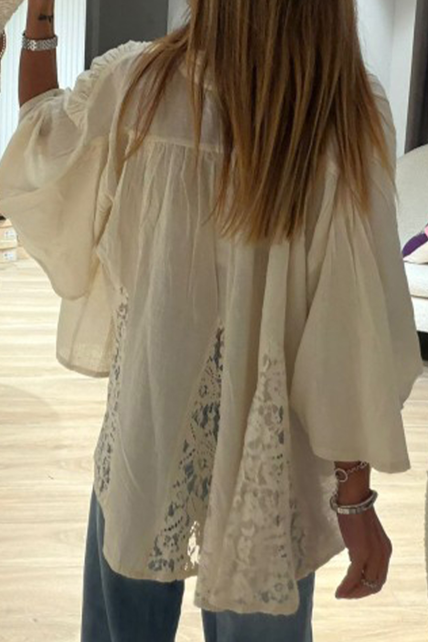 Casual Oatmeal Button Down, Women's Bohemian Lace Detail Top - Detail View 3 Casual Oatmeal Button Down, Women's Bohemian Lace Detail Top - Detail View 3