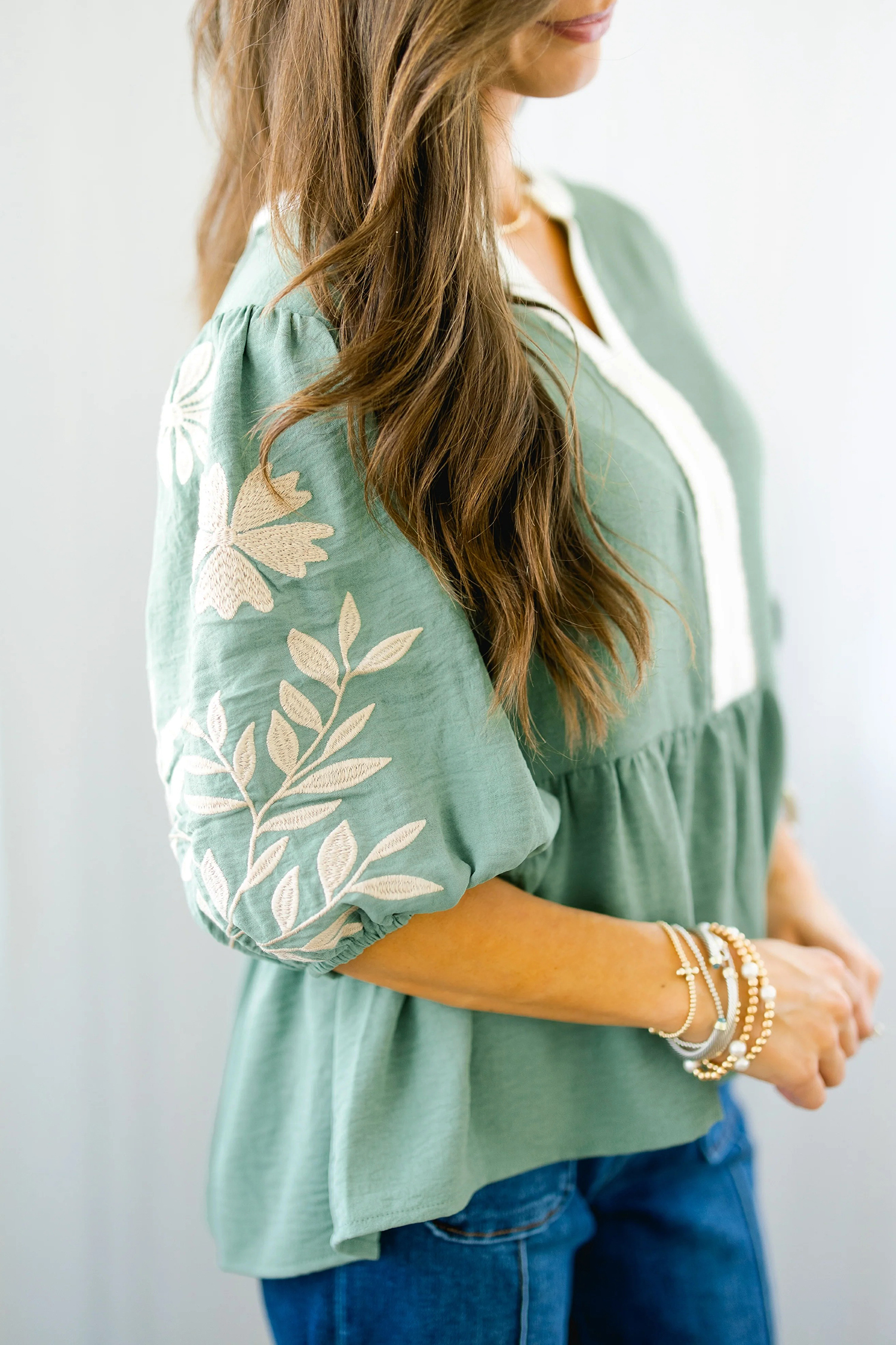 Casual Smoke Green V Neck Patchwork Blouse for Women – Stylish Embroidered Puff Sleeve - Detail View 2 Casual Smoke Green V Neck Patchwork Blouse for Women – Stylish Embroidered Puff Sleeve - Detail View 2