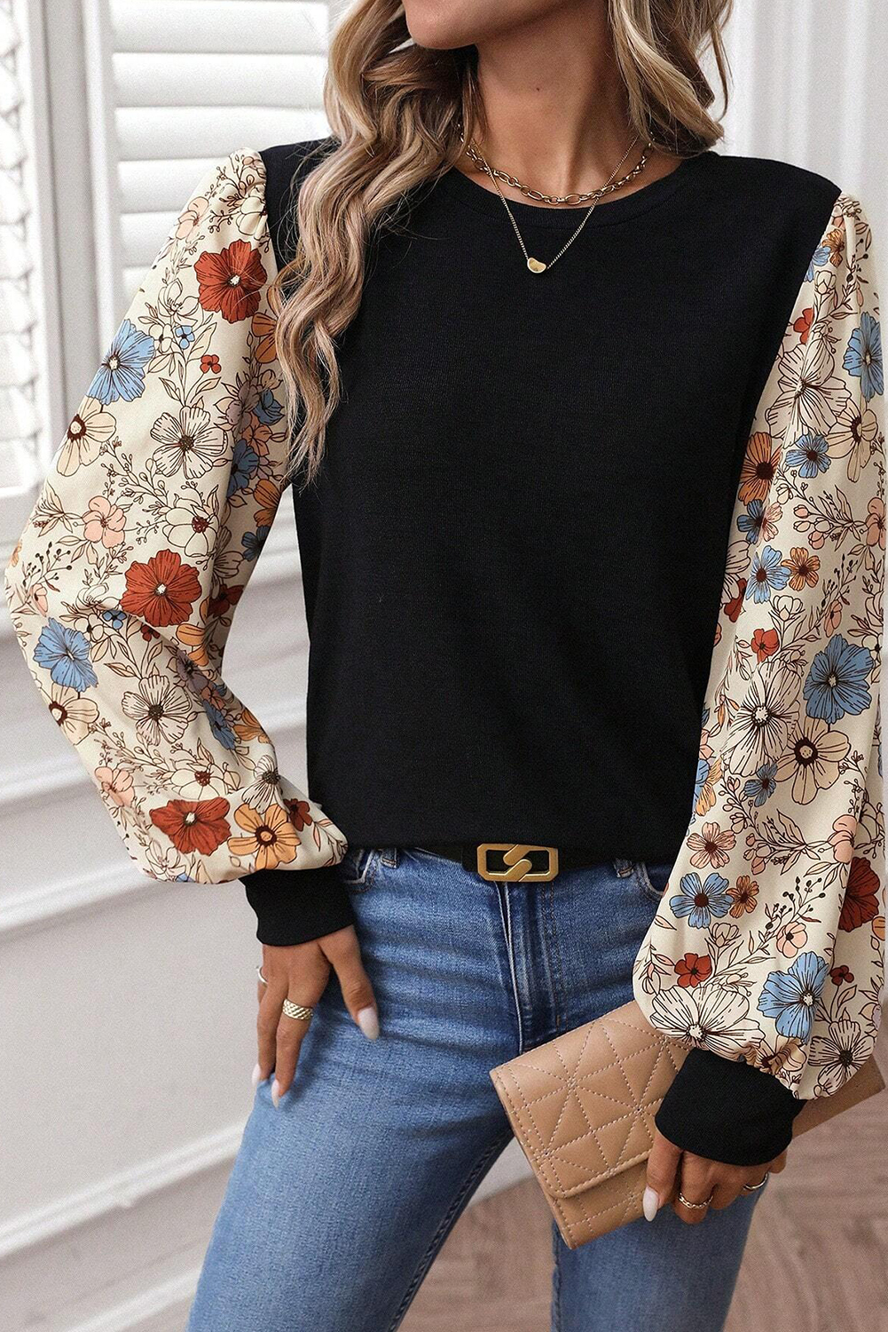Chic Apricot Flower Puff Sleeve Patchwork Top – Casual Style for Office & Daily Wear - Detail View 7 Chic Apricot Flower Puff Sleeve Patchwork Top – Casual Style for Office & Daily Wear - Detail View 7