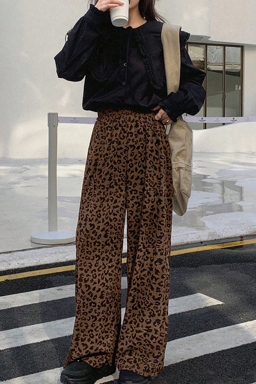 Fall Leopard Print Wide Leg Pants for Women – Elastic High Waist Corduroy - Detail View 6 Fall Leopard Print Wide Leg Pants for Women – Elastic High Waist Corduroy - Detail View 6