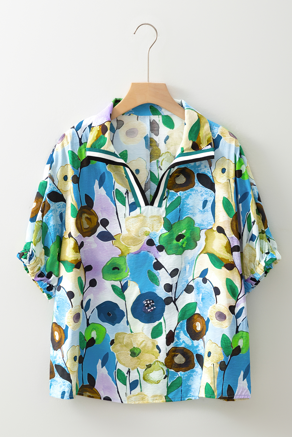 Women's Blouse, Light Blue, Floral Print, Slit V Neck, Short Sleeve, Puff Sleeves, Casual Wear, Dressy Top, Feminine Style, Summer Fashion, Comfortable, Stylish, Shift Silhouette, Tops & Shirts - Detail View 4 Women's Blouse, Light Blue, Floral Print, Slit V Neck, Short Sleeve, Puff Sleeves, Casual Wear, Dressy Top, Feminine Style, Summer Fashion, Comfortable, Stylish, Shift Silhouette, Tops & Shirts - Detail View 4