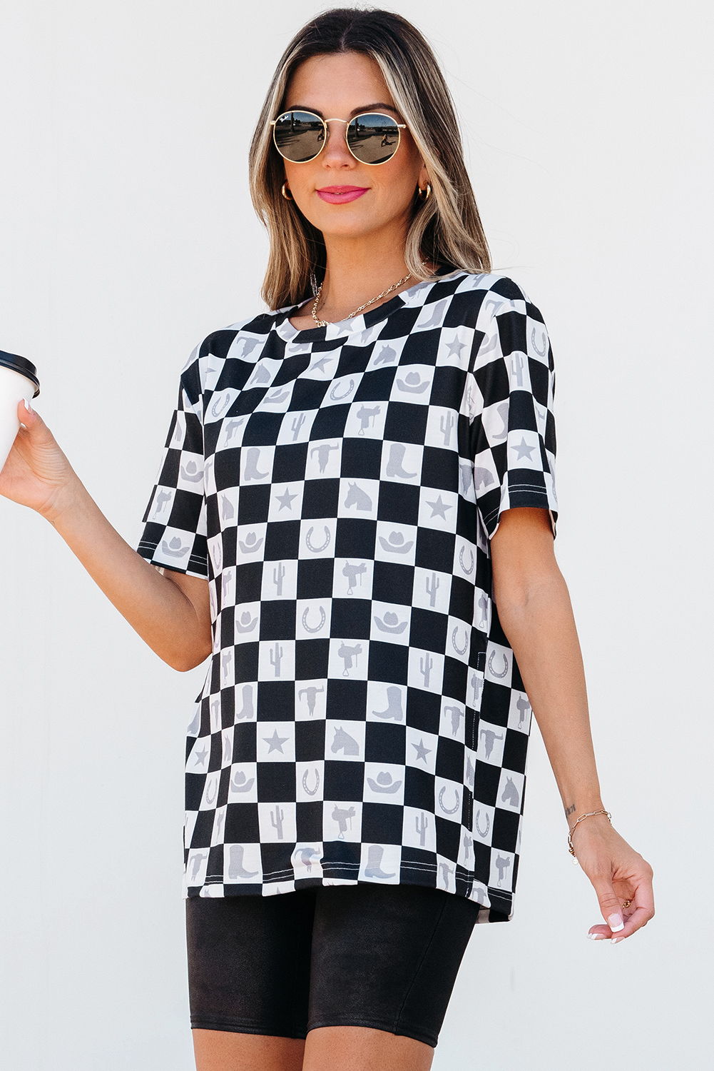 Women's T-Shirt, Black, Western Fashion, Checkerboard Print, Longline Style, Side Split, Crew Neck, Short Sleeve, Casual Wear, Summer Fashion, Stylish, Shift Silhouette, Easy to Style, Tops & Tees, Daily Wear - Detail View 4 Women's T-Shirt, Black, Western Fashion, Checkerboard Print, Longline Style, Side Split, Crew Neck, Short Sleeve, Casual Wear, Summer Fashion, Stylish, Shift Silhouette, Easy to Style, Tops & Tees, Daily Wear - Detail View 4