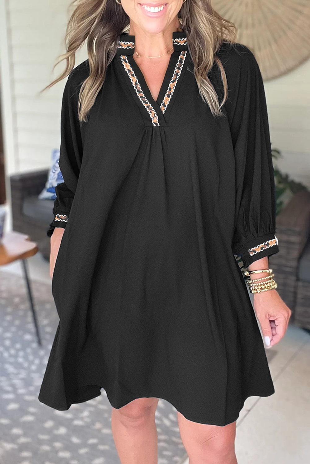 Casual Women's Black Patchwork Mini Shift Dress with High Waist for Spring Outings - Detail View 9 Casual Women's Black Patchwork Mini Shift Dress with High Waist for Spring Outings - Detail View 9