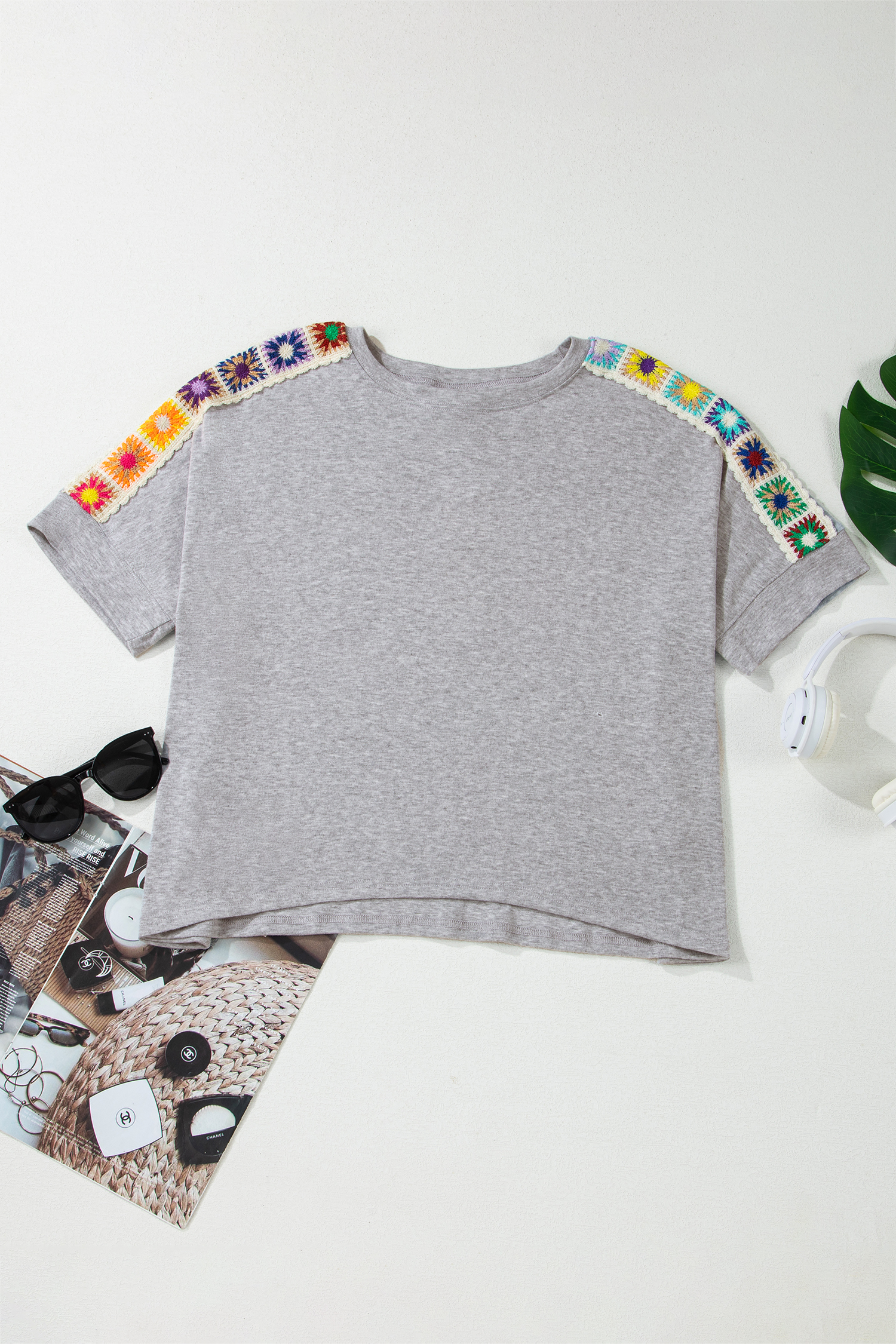 Women's Light Grey Crochet Detail T-Shirt – Comfortable Daily Wear for Summer - Detail View 2 Women's Light Grey Crochet Detail T-Shirt – Comfortable Daily Wear for Summer - Detail View 2