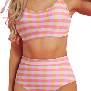 Women's Pink Gingham 3-Piece High Waist Bikini Set with Sarong - Main View