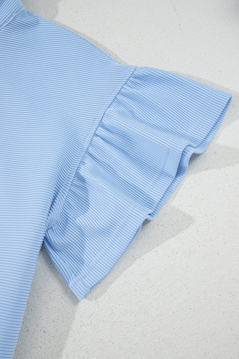 Women's Two-Piece Set, Beau Blue, Ribbed Texture, Half Zip Top, Ruffled Short Sleeve, Matching Shorts, Casual Wear, Summer Outfit, Comfortable, Chic Style, Daily Wear, Solid Color, Shift Silhouette, High Waist Shorts - Detail View 16 Women's Two-Piece Set, Beau Blue, Ribbed Texture, Half Zip Top, Ruffled Short Sleeve, Matching Shorts, Casual Wear, Summer Outfit, Comfortable, Chic Style, Daily Wear, Solid Color, Shift Silhouette, High Waist Shorts - Detail View 16