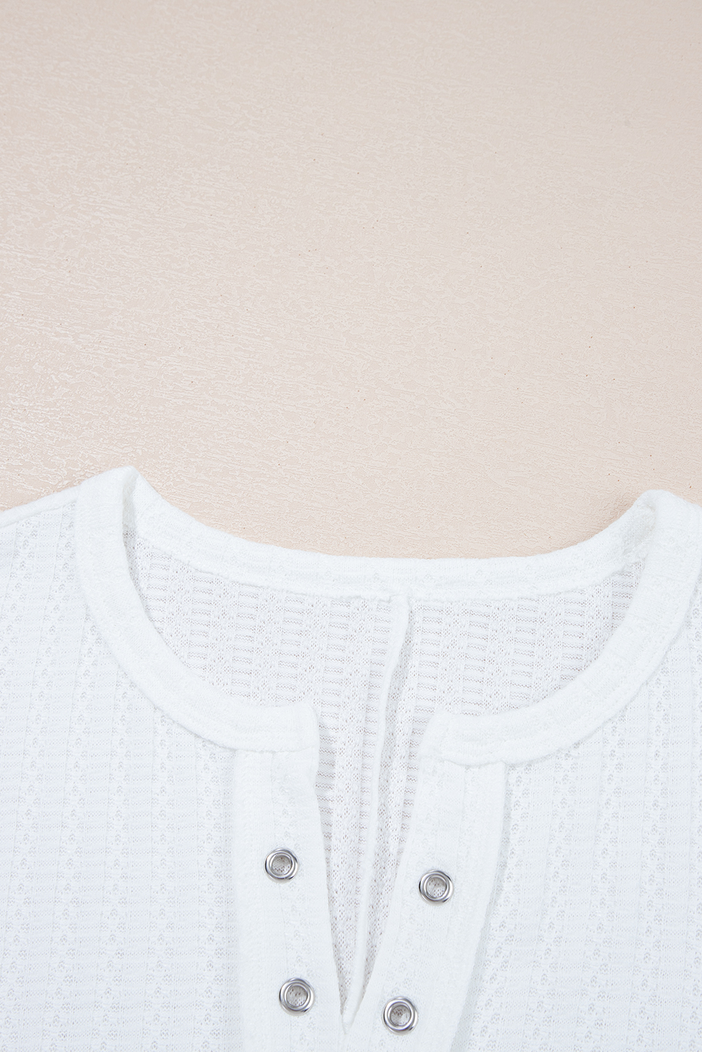 Chic and Stylish White Casual Top with Grommet Placket and Drop Shoulder - Detail View 6 Chic and Stylish White Casual Top with Grommet Placket and Drop Shoulder - Detail View 6