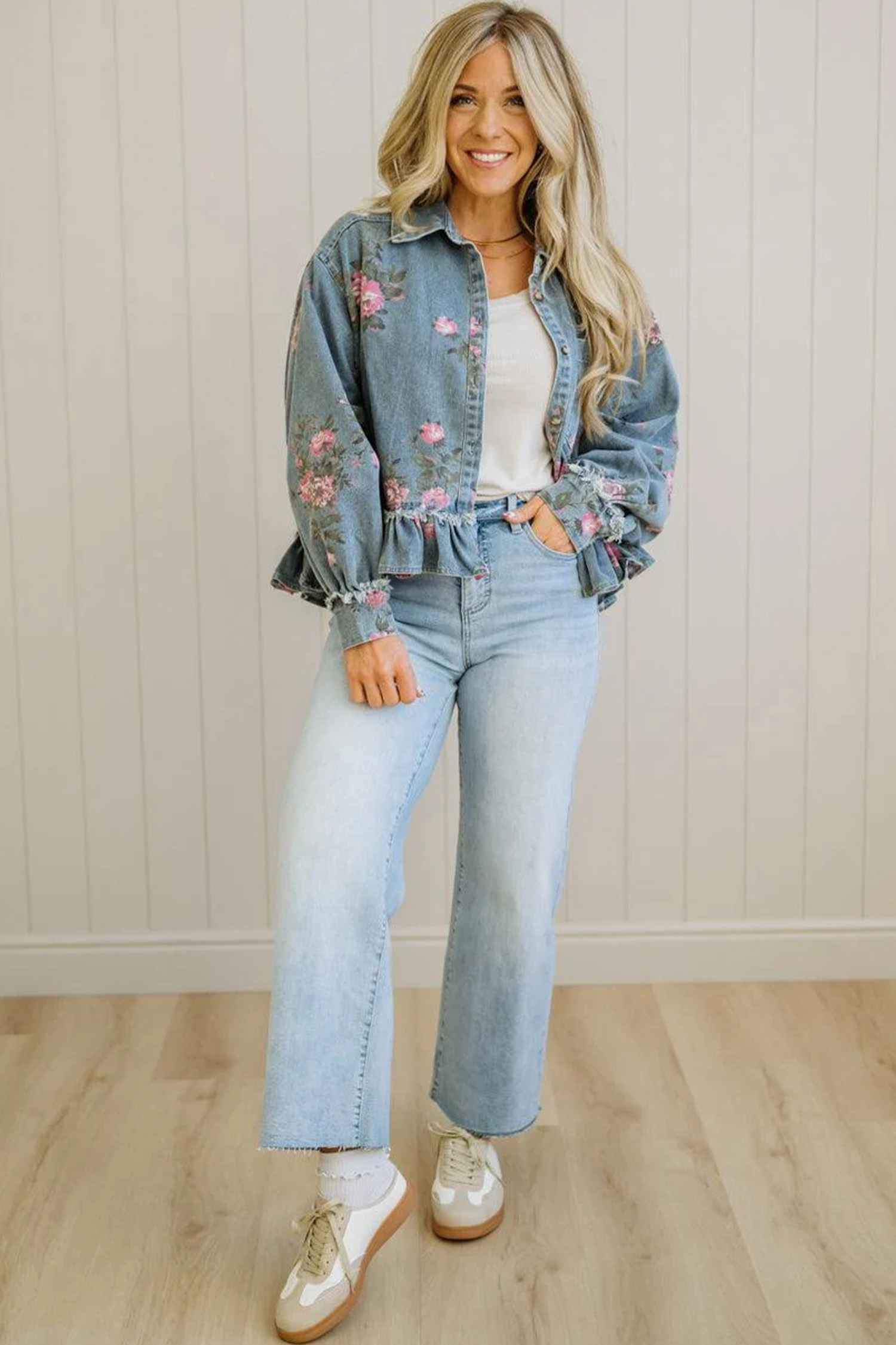 Sky Blue Floral Jean Jacket, Button Down Raw Seam Outwear - Detail View 5 Sky Blue Floral Jean Jacket, Button Down Raw Seam Outwear - Detail View 5