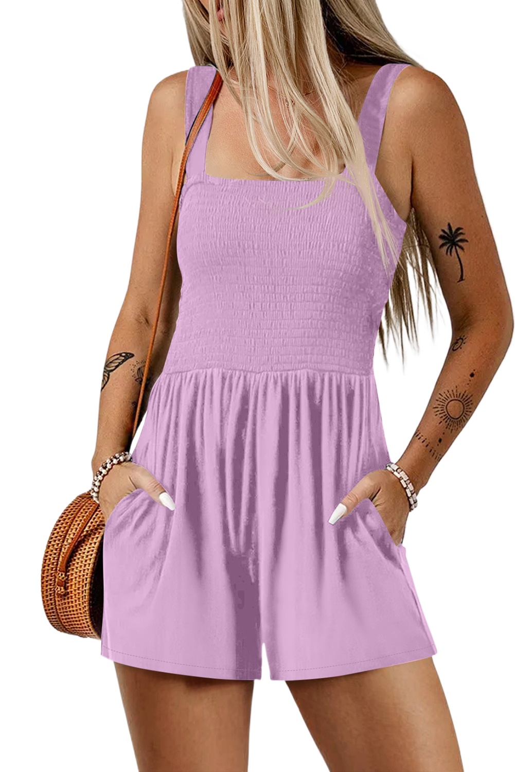 Women's Smocked Sleeveless Romper – Casual High Waist Jumpsuit - Main View Women's Smocked Sleeveless Romper – Casual High Waist Jumpsuit - Main View