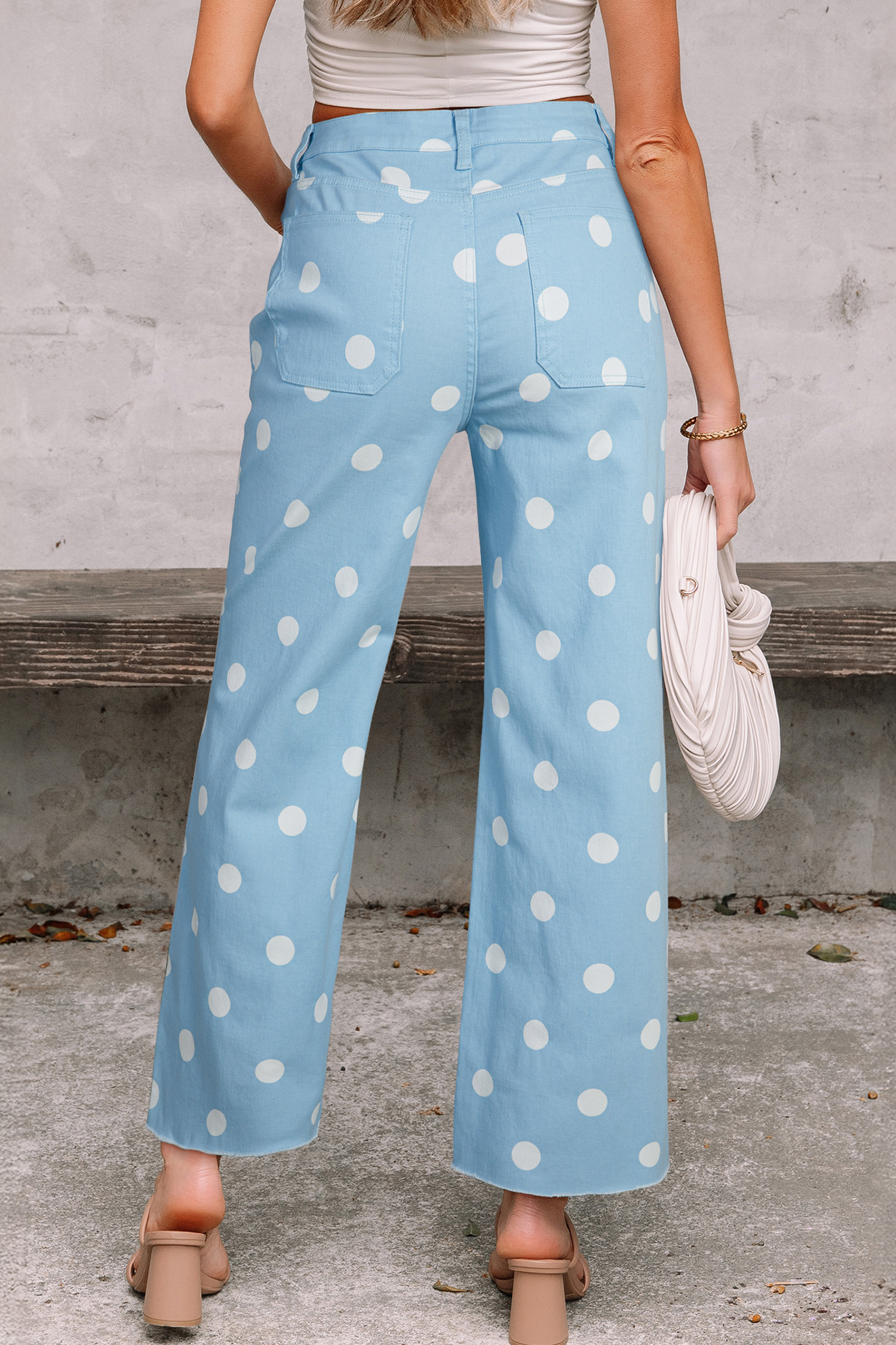 Modern Women's Sky Blue Polka Dot Shift Jeans – High Waist Casual Pants for Office & Daily Wear - Detail View 2 Modern Women's Sky Blue Polka Dot Shift Jeans – High Waist Casual Pants for Office & Daily Wear - Detail View 2