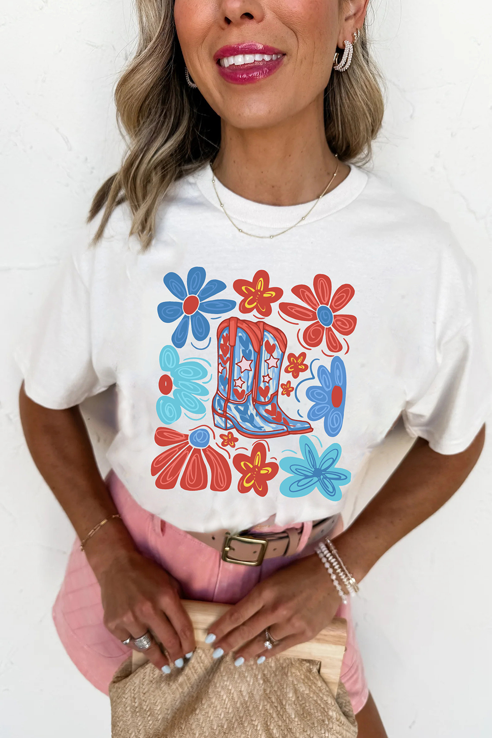 Women's Graphic T-Shirt, White Tee, Floral Print, Cowgirl Boots, Independence Day, Fourth of July, Casual Wear, Short Sleeve, Crew Neck, Summer Fashion, Western Style, Daily Wear, Patriotic Shirt - Detail View 4 Women's Graphic T-Shirt, White Tee, Floral Print, Cowgirl Boots, Independence Day, Fourth of July, Casual Wear, Short Sleeve, Crew Neck, Summer Fashion, Western Style, Daily Wear, Patriotic Shirt - Detail View 4