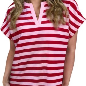 Casual Pink Stripe V Neck T-Shirt for Women – Stylish Summer Essential - Main View