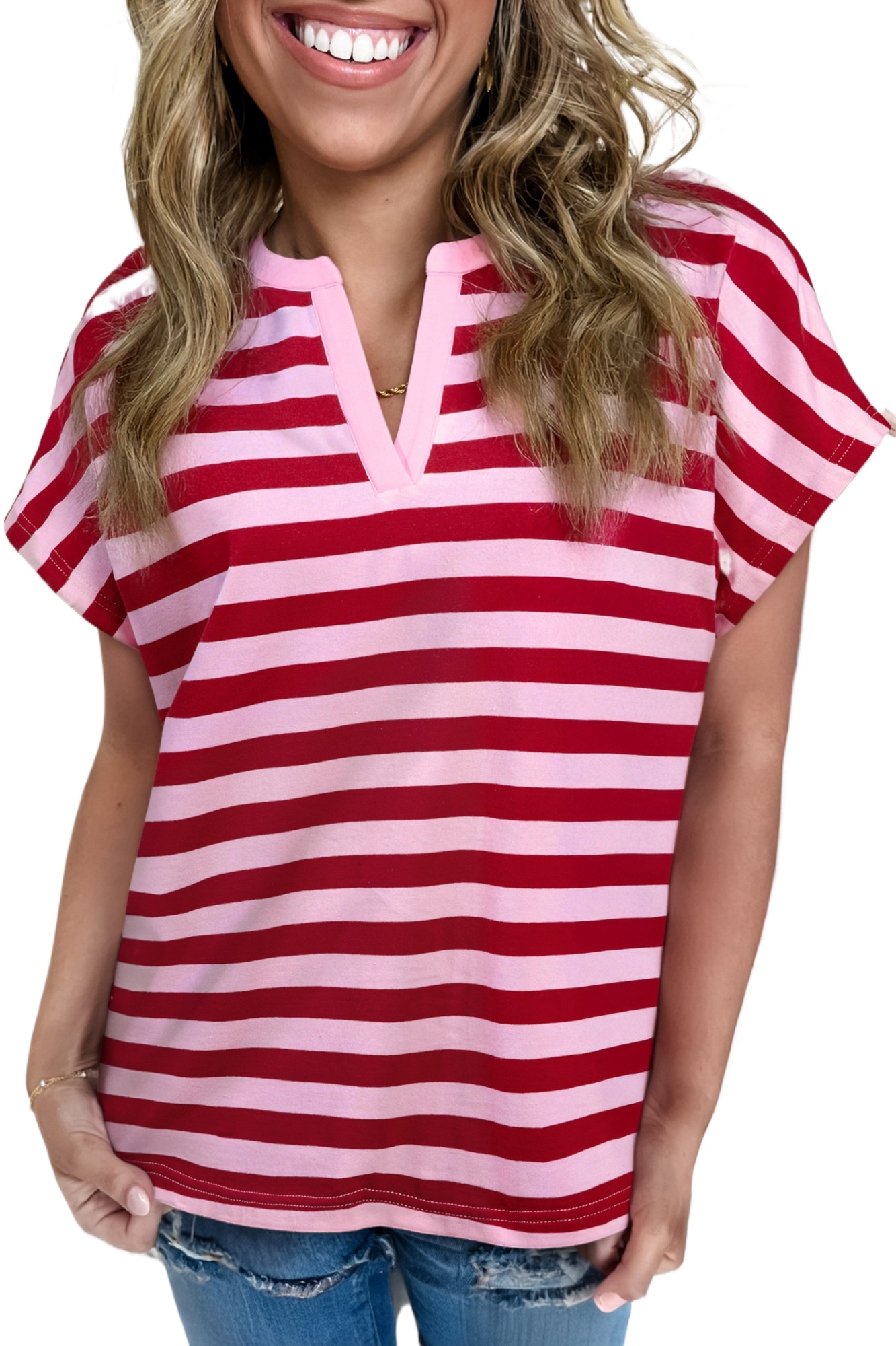 Casual Pink Stripe V Neck T-Shirt for Women – Stylish Summer Essential - Main View Casual Pink Stripe V Neck T-Shirt for Women – Stylish Summer Essential - Main View