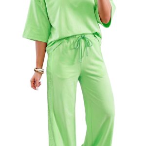 Women's Light Green Two Piece Set – Half Sleeve Lace Patchwork Top and Wide Leg Pants - Main View