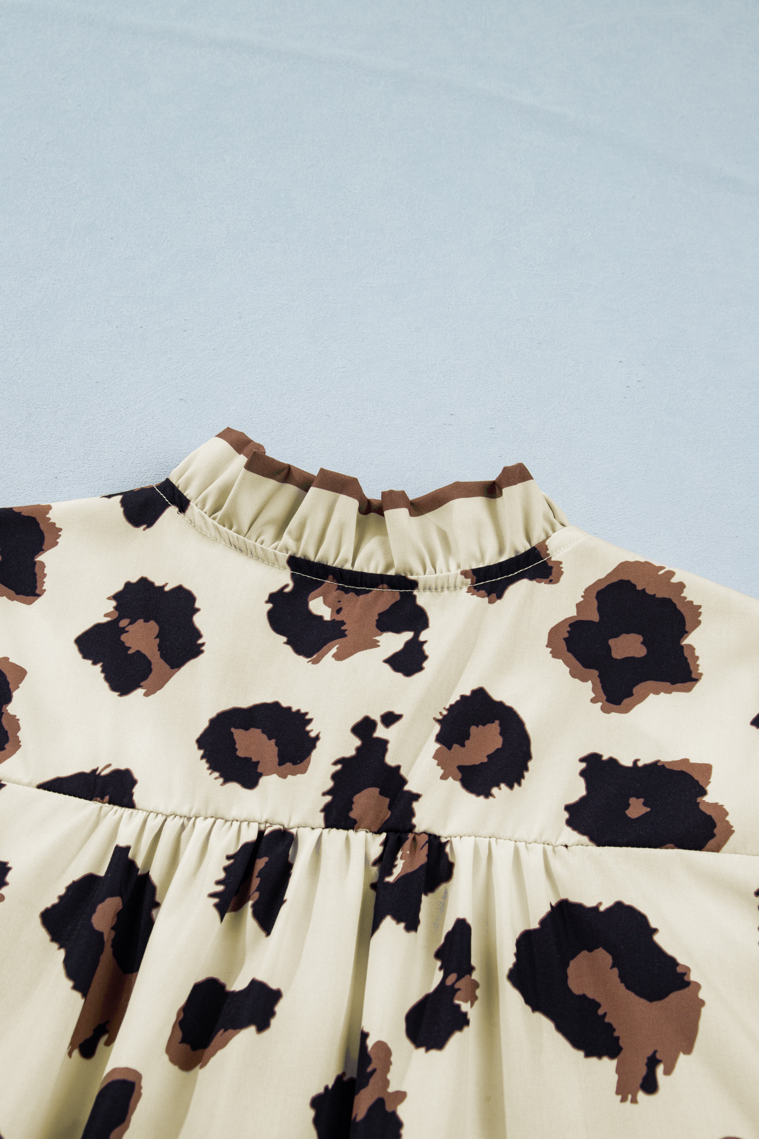Women's Short Sleeve Leopard Print Shirt – Khaki Frilled Trim Shift Blouse, Summer Gift - Detail View 6 Women's Short Sleeve Leopard Print Shirt – Khaki Frilled Trim Shift Blouse, Summer Gift - Detail View 6